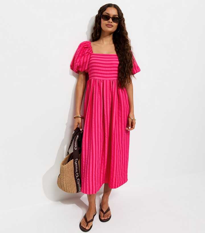 Petite Dark Pink Striped Puff Sleeve Midi Dress