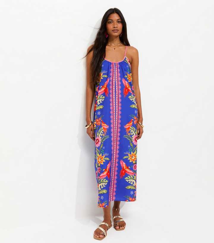 Blue Parrot Print Crepe Cami Midi Dress