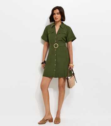 Khaki With Cotton Belted Mini Shirt Dress