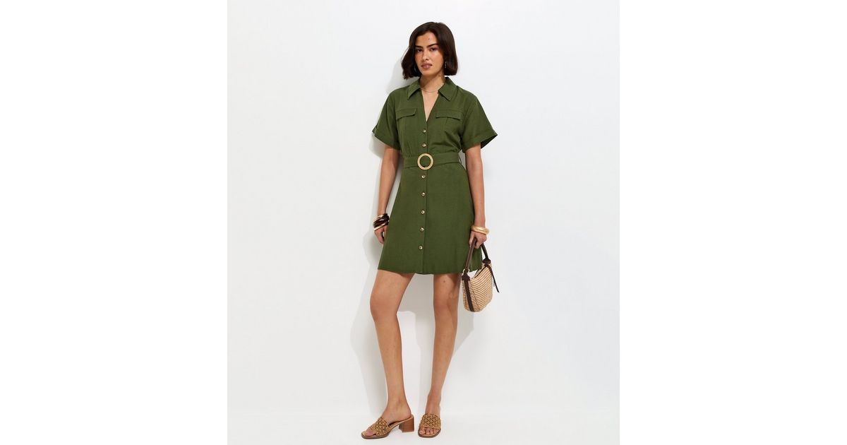 Khaki With Cotton Belted Mini Shirt Dress