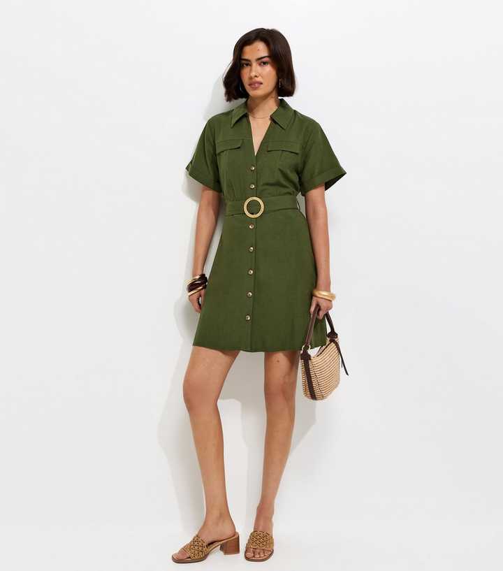 Khaki With Cotton Belted Mini Shirt Dress