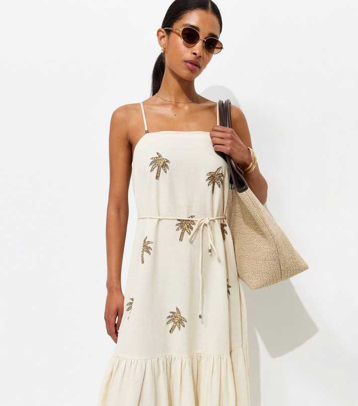 Cream With Cotton Palm Embroidered Belted Midi Dress