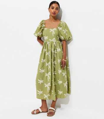 Green Embroidered Palm Tree Puff Sleeve Midi Dress