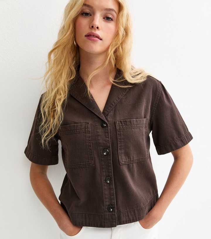Brown Cotton Twill Short Sleeve Boxy Shirt