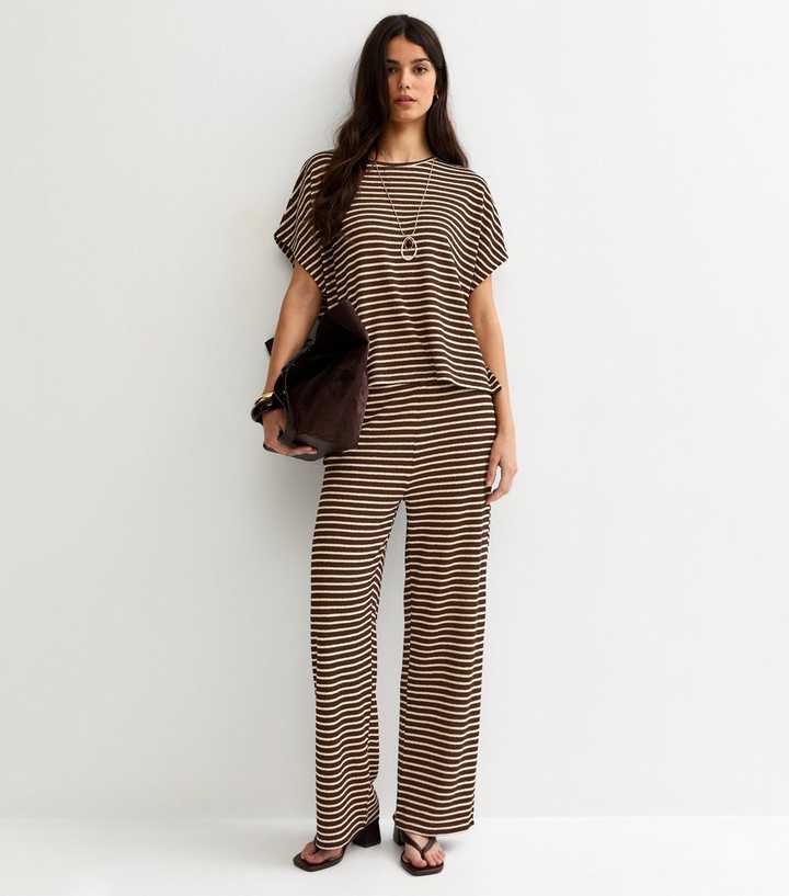 Brown Textured Striped Wide Leg Trousers
