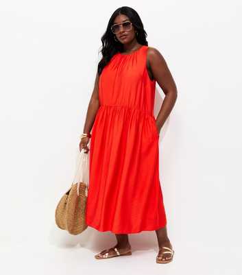 Curves Bright Orange Drop Waist Sleeveless Dress