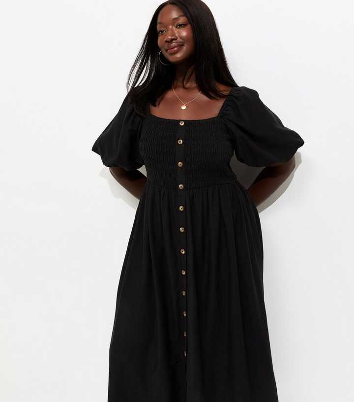 Curves Black Button Front Milkmaid Midi Dress
