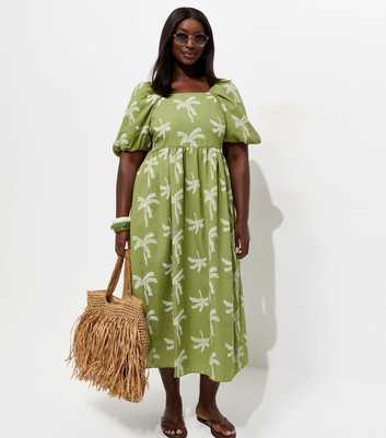 Curves Green Palm Embroidered Seersucker Midi Dress