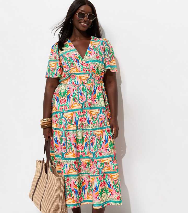 Curves Multicolour Parrot Print Crepe Wrap Dress