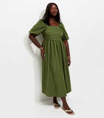 Curves Dark Khaki Striped Seersucker Puff Sleeve Midi Dress