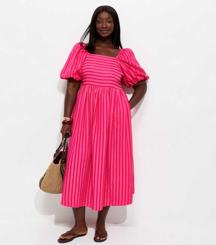 Curves Dark Pink Striped Seersucker Puff Sleeve Midi Dress