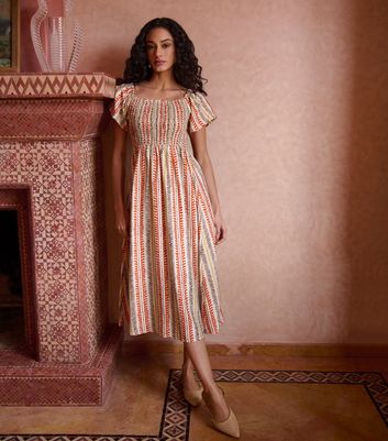 Blue Vanilla Orange Striped Shirred Midi Dress | New Look