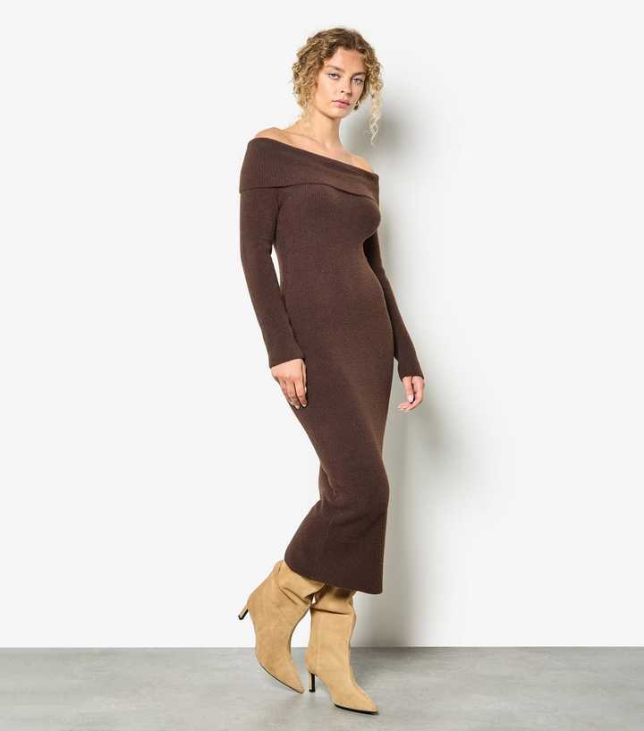Apricot Fuzzy Dark Brown Ribbed Bardot Midi Dress