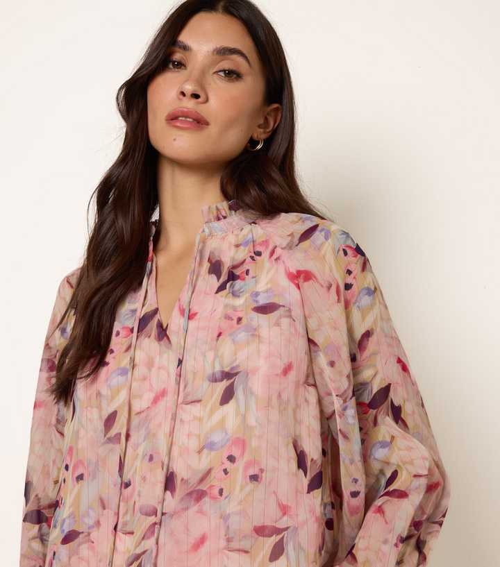 Blue Vanilla Pink Floral Print Tie Front Blouse