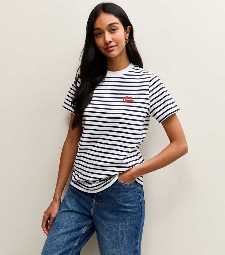 Navy Cotton Striped Mon Amour Logo T-Shirt