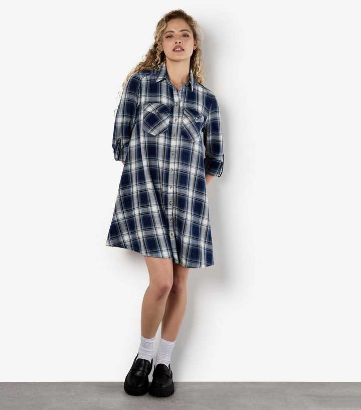 Apricot Blue Checked Shirt Dress