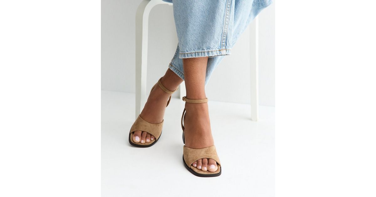 Light Brown Faux Suede Curved Front Block Heel Sandals | New Look