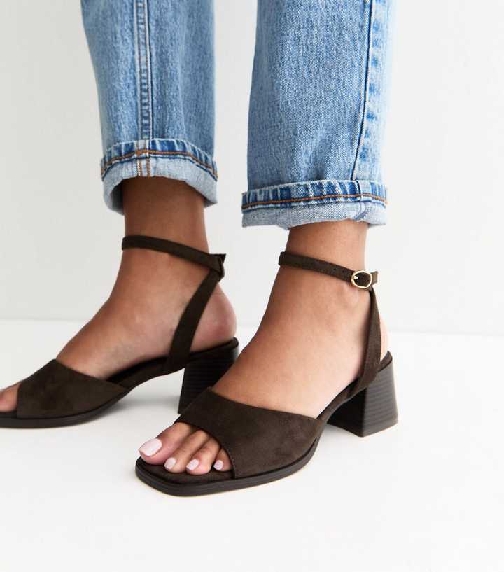 Brown Faux Suede Curved Front Block Heel Sandals