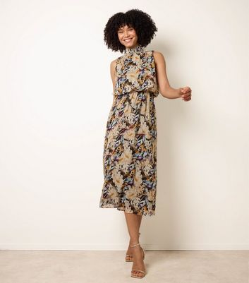 Blue Vanilla Black Floral Print Puffball Waist Midi Dress | New Look