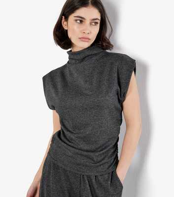 Apricot Dark Grey Dogtooth Pattern Ruched Top