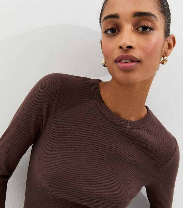 Dark Brown Ribbed Crew Neck Long Sleeve Top