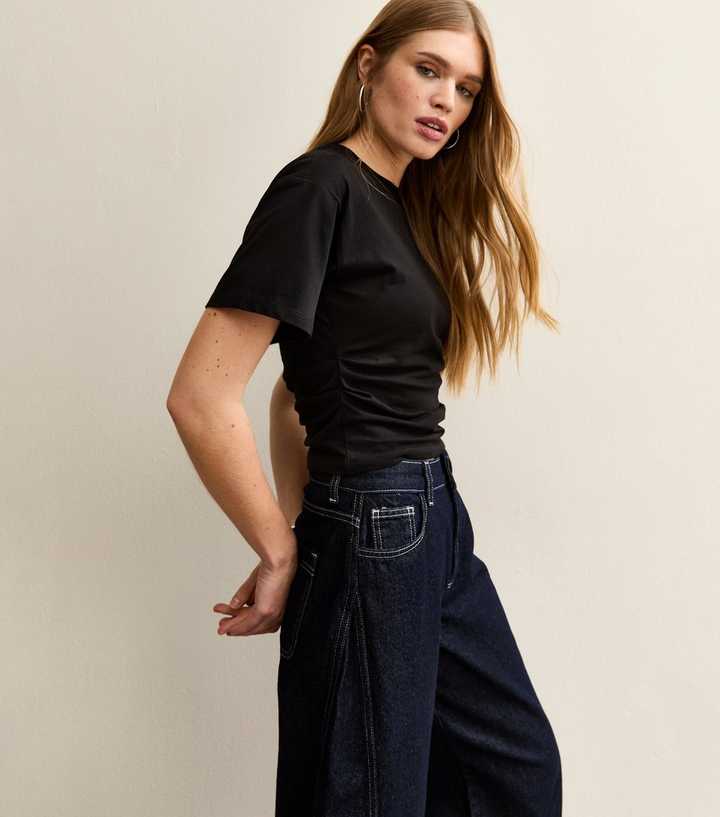 Black Ruched Waist Crew Neck T-Shirt