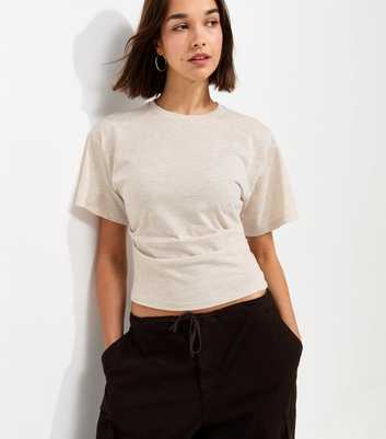 Oatmeal Ruched Waist Crew Neck T-Shirt