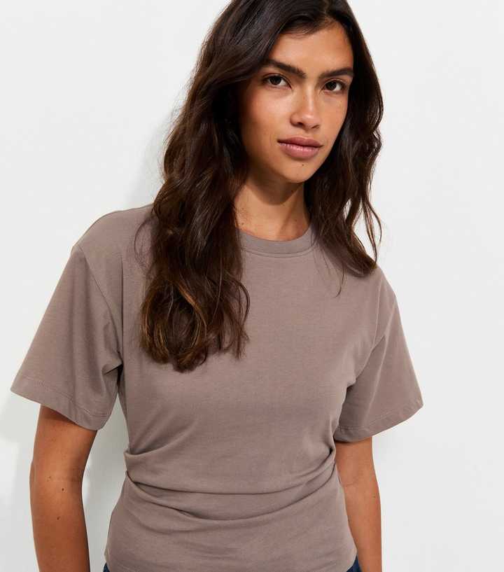 Light Brown Ruched Waist Crew Neck T-Shirt