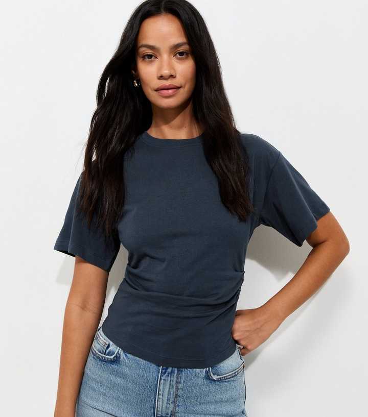 Navy Ruched Waist Crew Neck T-Shirt