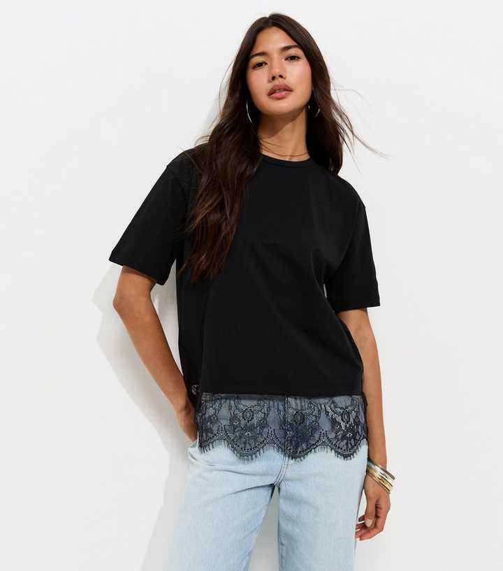 Black Lace Hem Boxy T-Shirt