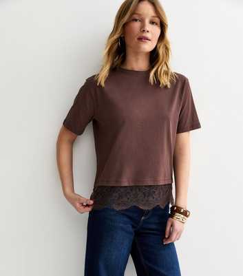 Brown Lace Hem Boxy T-Shirt