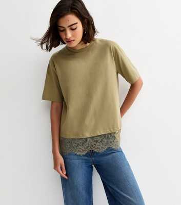 Khaki Lace Hem Boxy T-Shirt