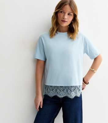 Light Blue Lace Hem Boxy T-Shirt