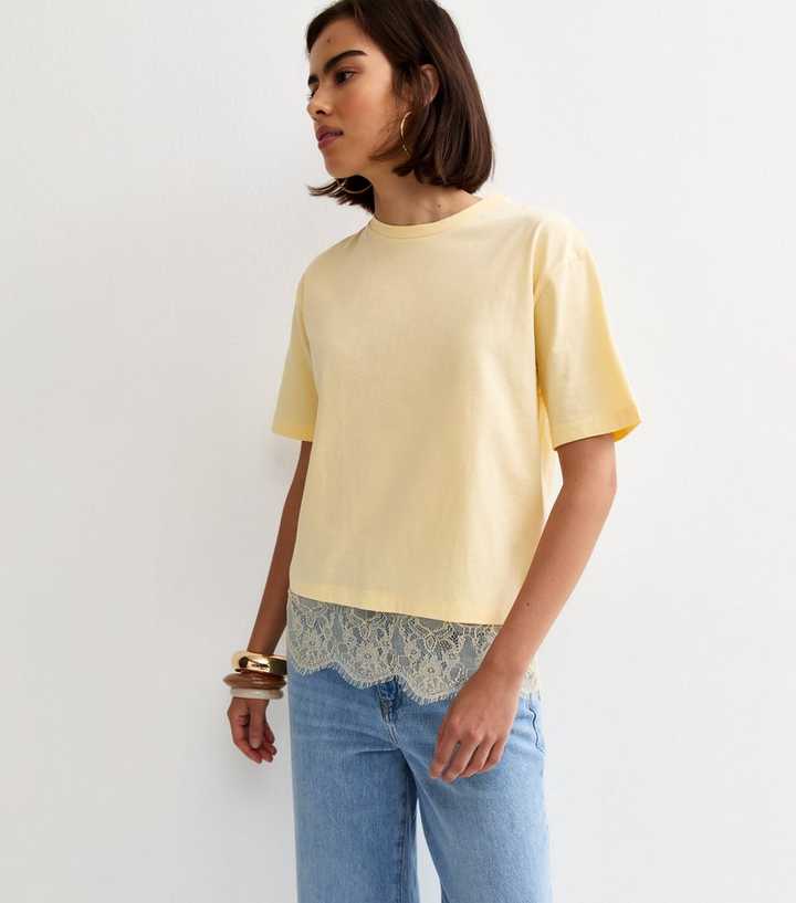 Light Yellow Lace Hem Boxy T-Shirt