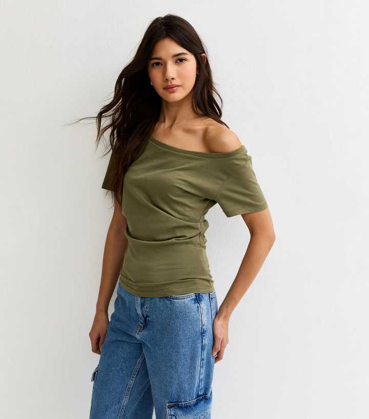 Light Khaki Off The Shoulder Ruched T-Shirt
