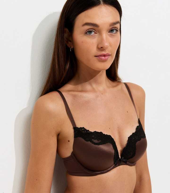 Dark Brown Satin & Lace Plunge Bra