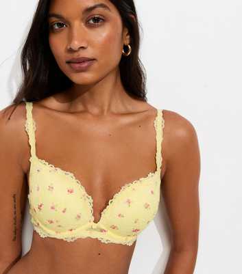 Yellow Floral Print Lace Push Up Bra