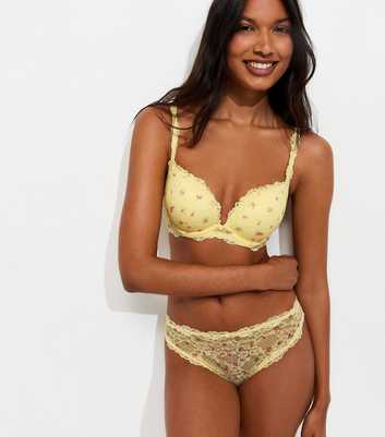Yellow Floral Print Lace Thong