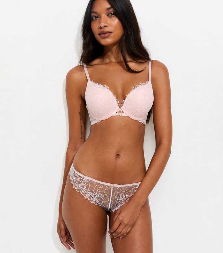 Pink Floral Embroidered Lace Brazilian Briefs