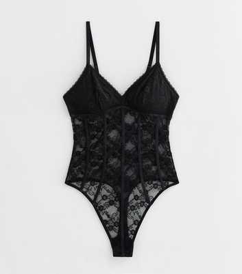 Black Non-Wired Floral Lace Thong Bodysuit
