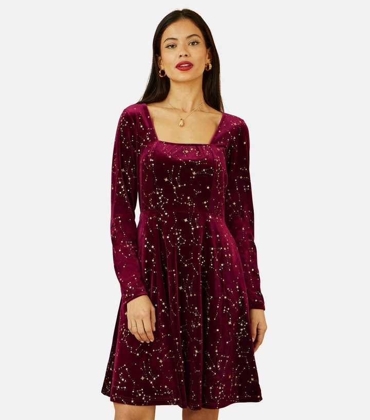 Yumi Burgundy Constellations Foil Mini Dress