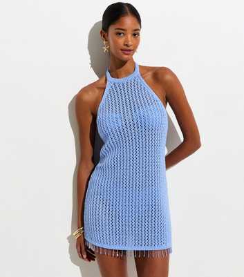 Light Blue Cotton Rich Beaded Tassel Trim Mini Crochet Beach Dress