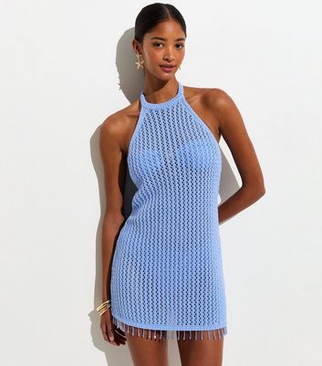Light Blue Cotton Rich Beaded Tassel Trim Mini Crochet Beach Dress | New  Look