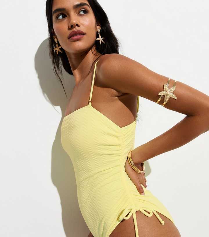 Light Yellow Zig Zag Textured Ruched Side Swimsuit