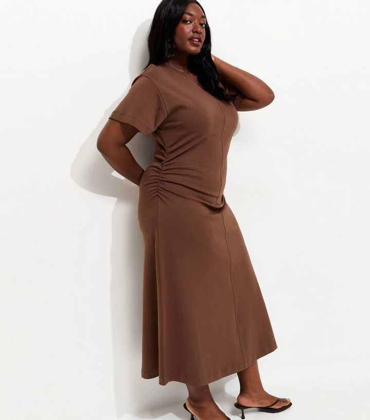 Curves Dark Brown Shirred Side Jersey Midi Dress