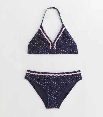 Girls Blue Polka Dot Triangle Bikini Top and Bottoms Set