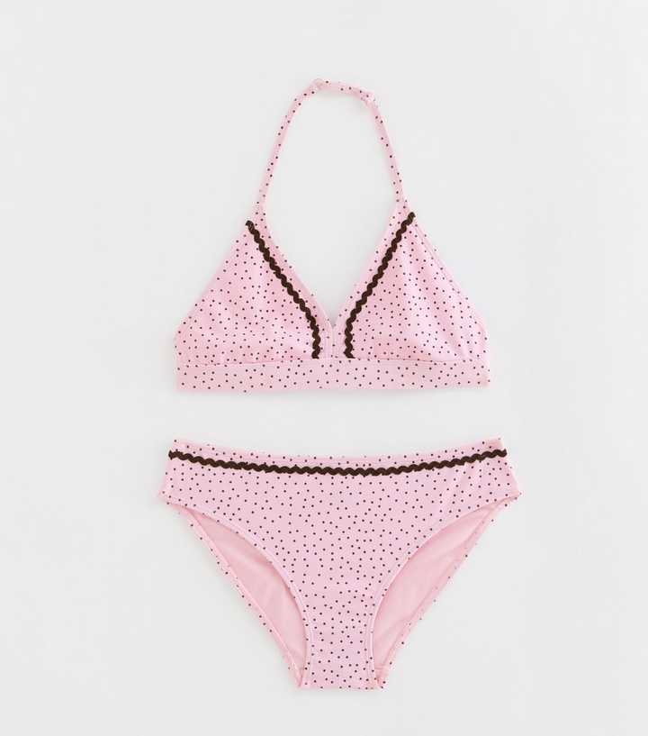 Girls Blue Polka Dot Triangle Bikini Top and Bottoms Set