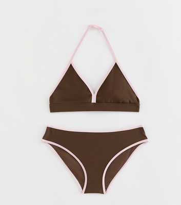 Girls Brown Contrast Trim Triangle Bikini Top and Bottoms Set