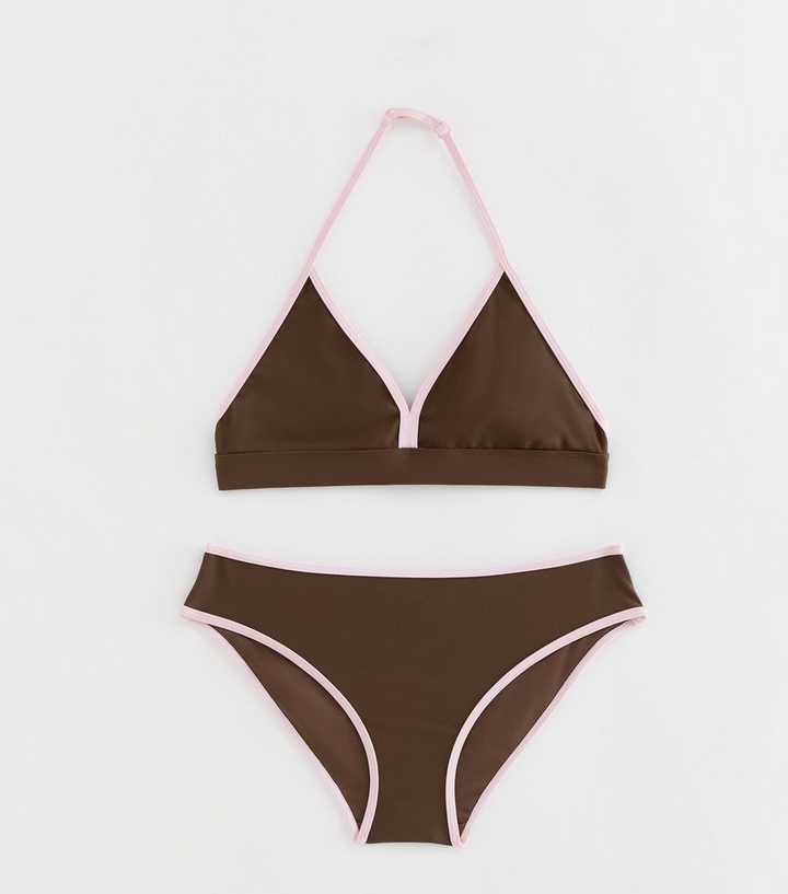Girls Brown Contrast Trim Triangle Bikini Top and Bottoms Set