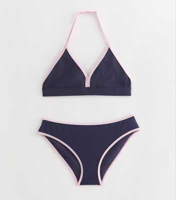 Girls Navy Contrast Trim Triangle Bikini Top and Bottoms Set